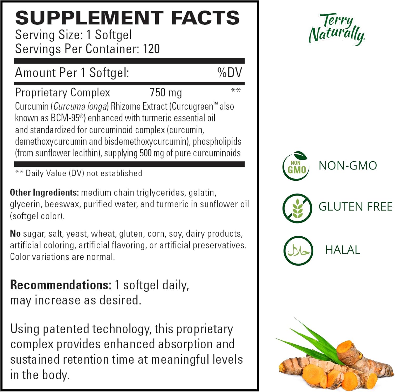 Terry Naturally CuraMed 750 mg - 120 Softgels - Superior Absorption BCM-95 Curcumin Supplement, Promotes Healthy Inflammation Response - Non-GMO, Gluten-Free, Halal - 120 Servings: Health & Personal Care