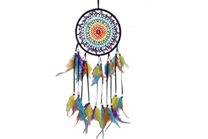 Remorlet Colorful Dream Catchers, Handmade Feather Native American Circular Net for Kids Boys Girls Bedroom Wall Hanging Decoration Decor Nursery Wall Art Ornament Craft (DC02 Black Rainbow Crochet)