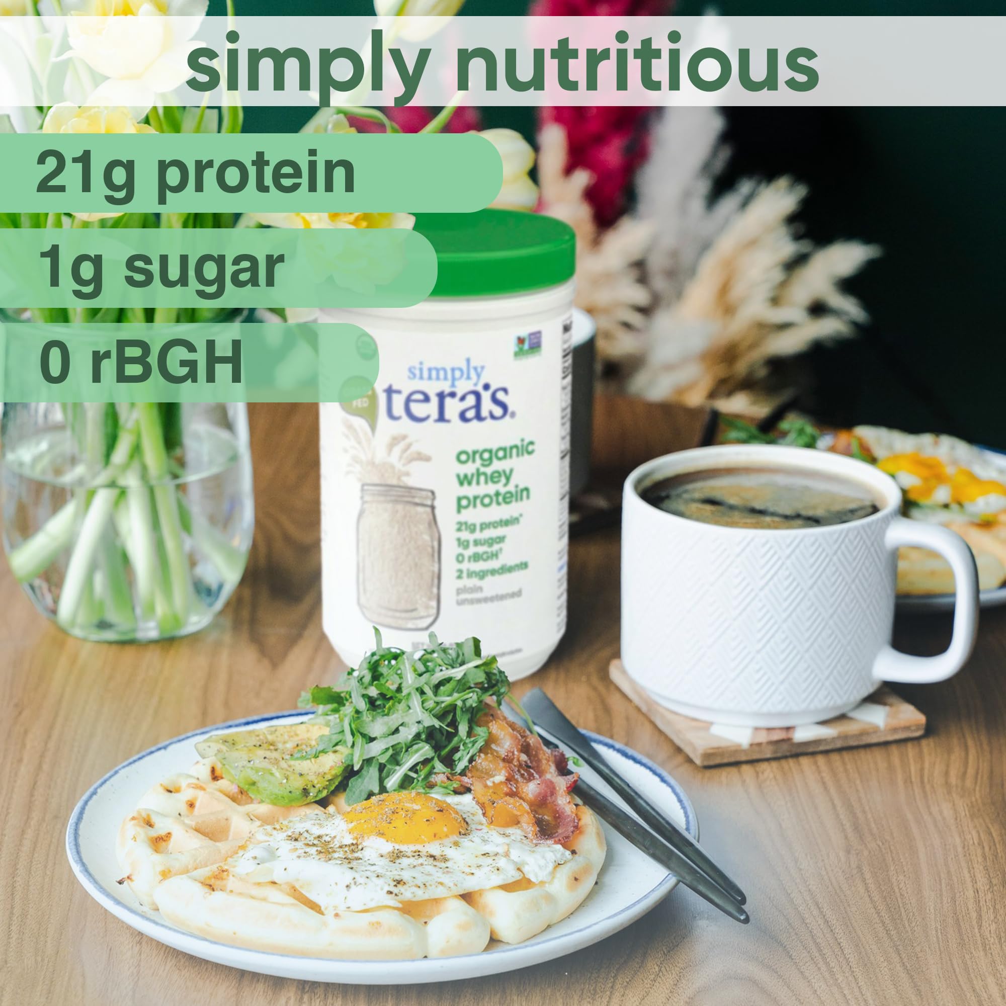 simply tera's Organic Whey Protein Powder - Grass Fed Whey Protein Powder Without Artificial Sweeteners, Unflavored, Non-GMO, Kosher, Gluten-Free - Plain Unsweetened 12 Oz.