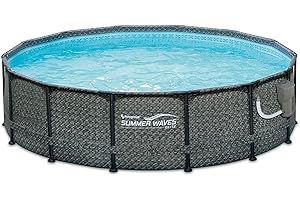 Summer Waves 14 Foot x 48 Inch Round Metal Frame Above Ground Outdoor Swimming Pool Set with Ladder, Skimmer Filter Pump, and Filter Cartridge