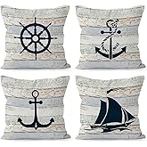 Liosei Vintage Coastal Nautical Decorative Throw Pillow Cover, Coastal Room Decor, Ocean Nautical Boat Anchor Sailboat Pillow Covers for Home Room Bed Sofa Decor, 18x18 Inch Set of 4