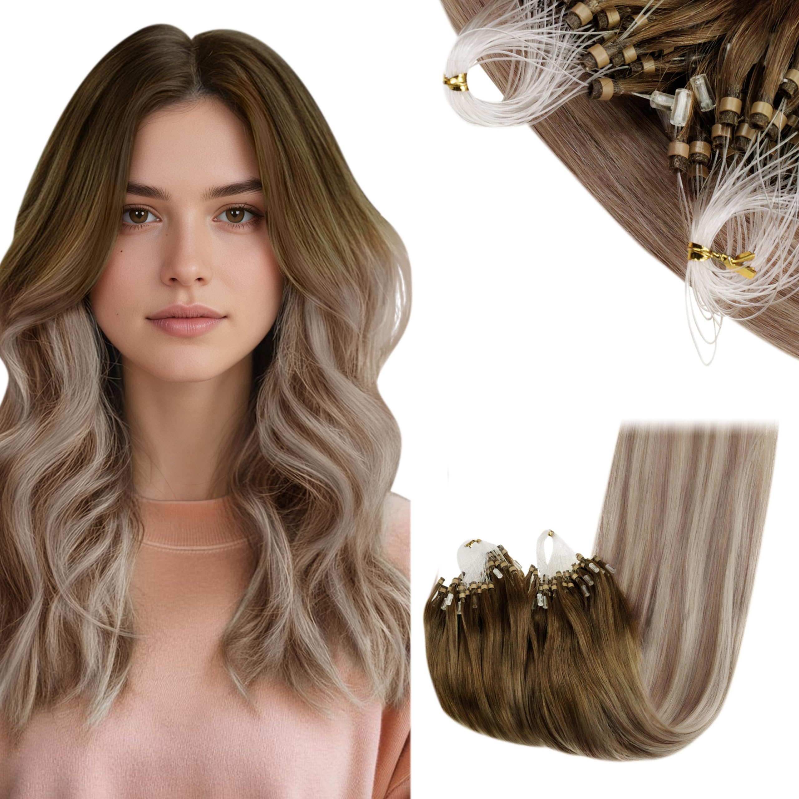 RUNATURE Micro Beads Hair Extensions Real Human Hair Blonde Ombre Micro Ring Hair Extensions Brown Balayage Invisible Micro Ring Hair 22 Inch 50g 1g/Strand #3/8/22 — image 1