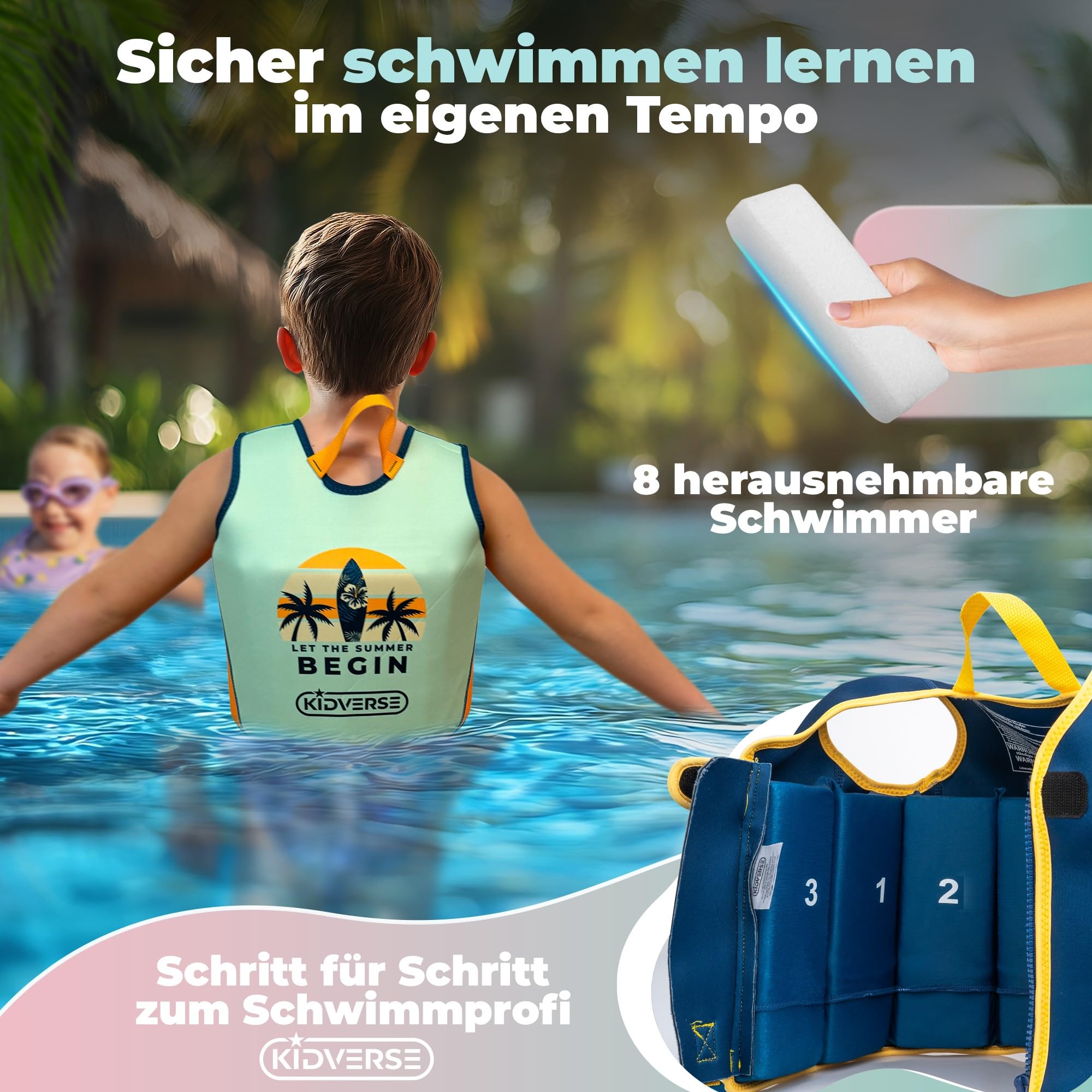 KIDVERSE Schwimmweste Kinder 2-3 Jahre - TÜV geprüfte Schwimmhilfe mit Bauchumfang bis 56cm - Schwimmhilfe Kinder 2-3 Jahre - Kinderschwimmweste zum Schwimmen Lernen - Komfort Schwimmweste Kind 4