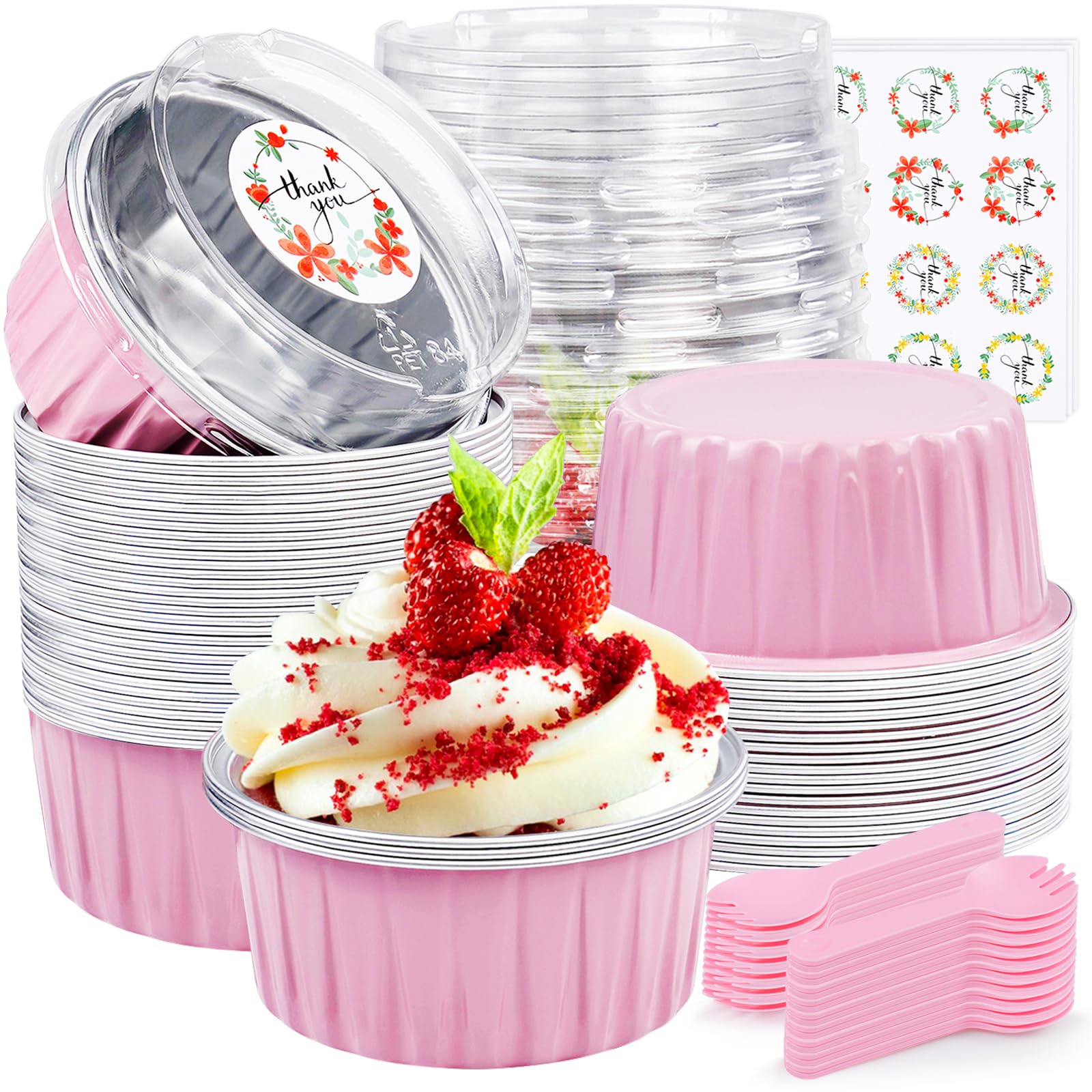Photo 1 of ZOXILEN 30Pcs Mini Cake Pans with Lids Aluminum Foil, 5oz Disposable Mini Loaf pans with Lids and Spoons, Small Baking Cups Pie Tins Muffin Pan Cheesecake Containers for Party Pink Round