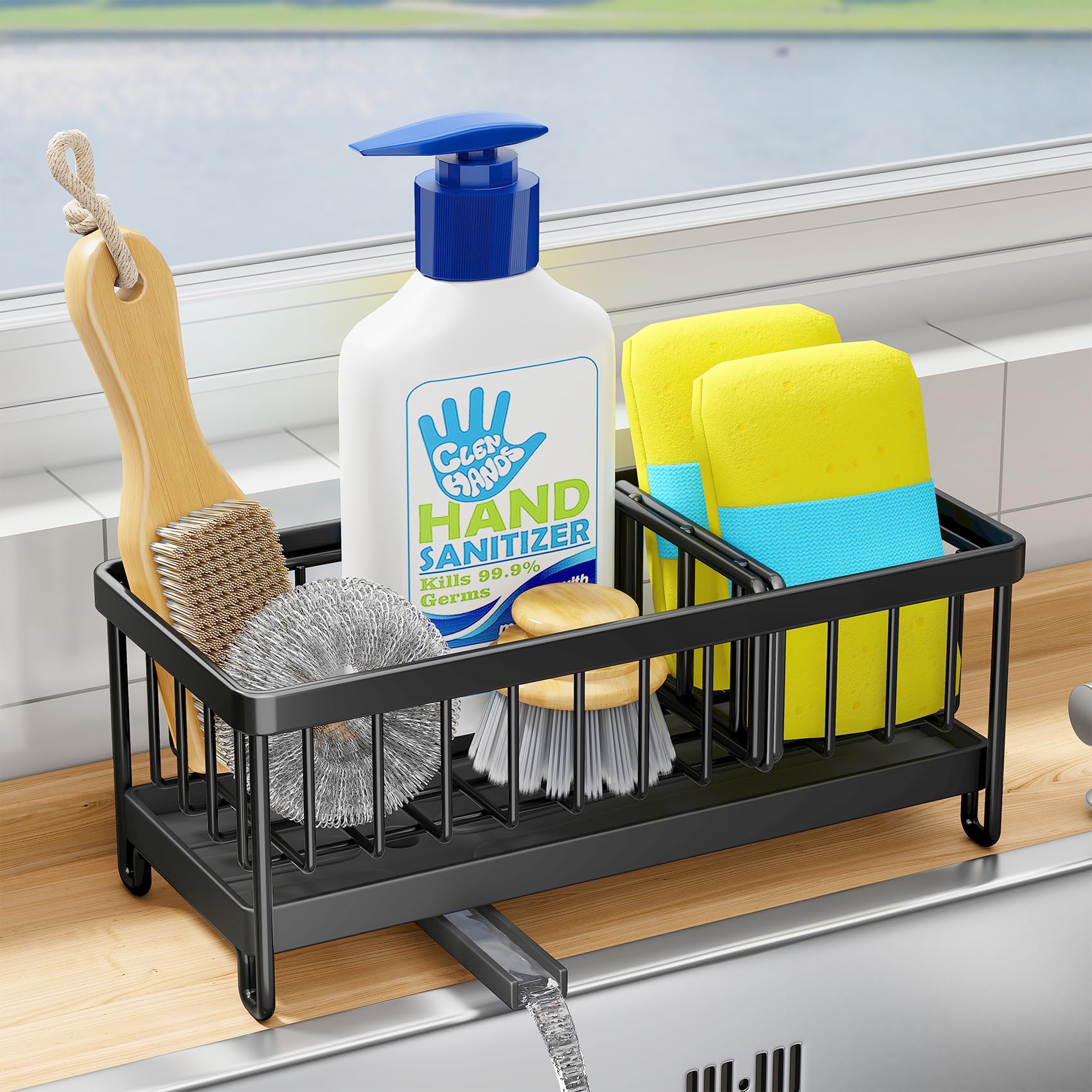 Kitstorack Kitchen Sink Caddy Metal Sponge Holder for Kitchen Organiser Sink Tidy with Removable Drip Tray and Drainage Countertop Sink Washing up Organiser (Black)