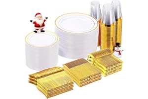 Goodluck 600 Pieces Gold Disposable Plates for 100 Guests, Plastic Plates for Party, Dinnerware Set of 100 Dinner and 100 Dessert Plates, 100 Spoons, 100 Forks, 100 Knives, 100 Cups