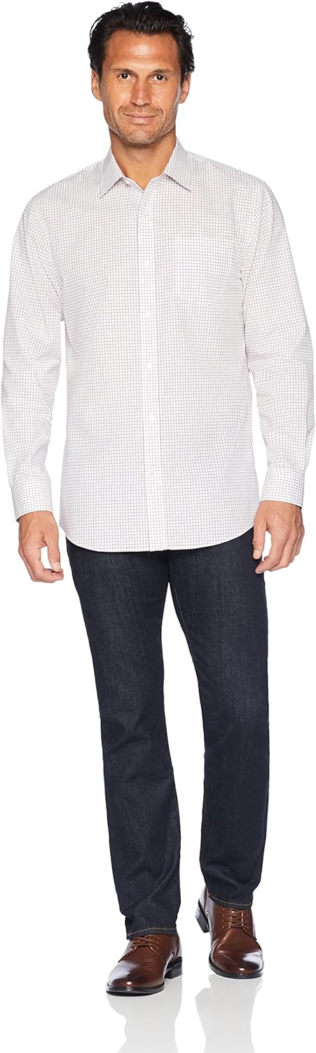  Essentials Men's Regular-Fit Wrinkle-Resistant Long-Sleeve Plaid Dress Shirt: Clothing