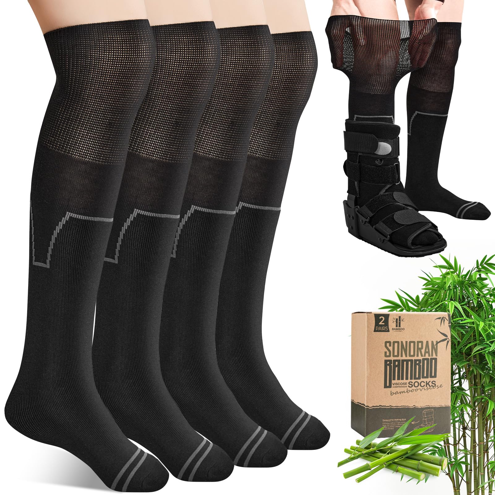 Photo 1 of SONORAN Bamboo Viscose Walking Boot Socks (2 Pairs) Lightweight Replacement Sock Liner for Medical Tube Cast Socks to Wear Under Air Cam Walkers and Leg or Foot Fracture Boot Black