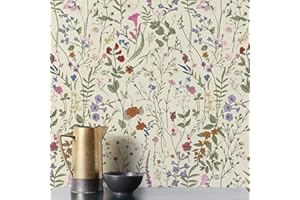 JiffDiff Wallpaper Self-Adhesive Blooming Vintage Colourful Flowers Wall Paper for Bedroom Living Room Cabinet, Peel and Stick Beige Sketch Little Flowers Wallpaper Mural 25.8 sq. feet (59" x 17.3")