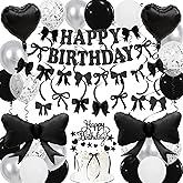 Black Bow Birthday Decorations, Happy Birthday Banner Garland and Hanging Swirls, 28Pcs Balloons, Cake Toppers, Bow Themed Party Decorations for Girls Women
