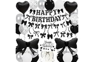 DOUVELUE Black Bow Birthday Decorations, Happy Birthday Banner Garland and Hanging Swirls, 28Pcs Balloons, Cake Toppers, Bow Themed Party Decorations for Girls Women
