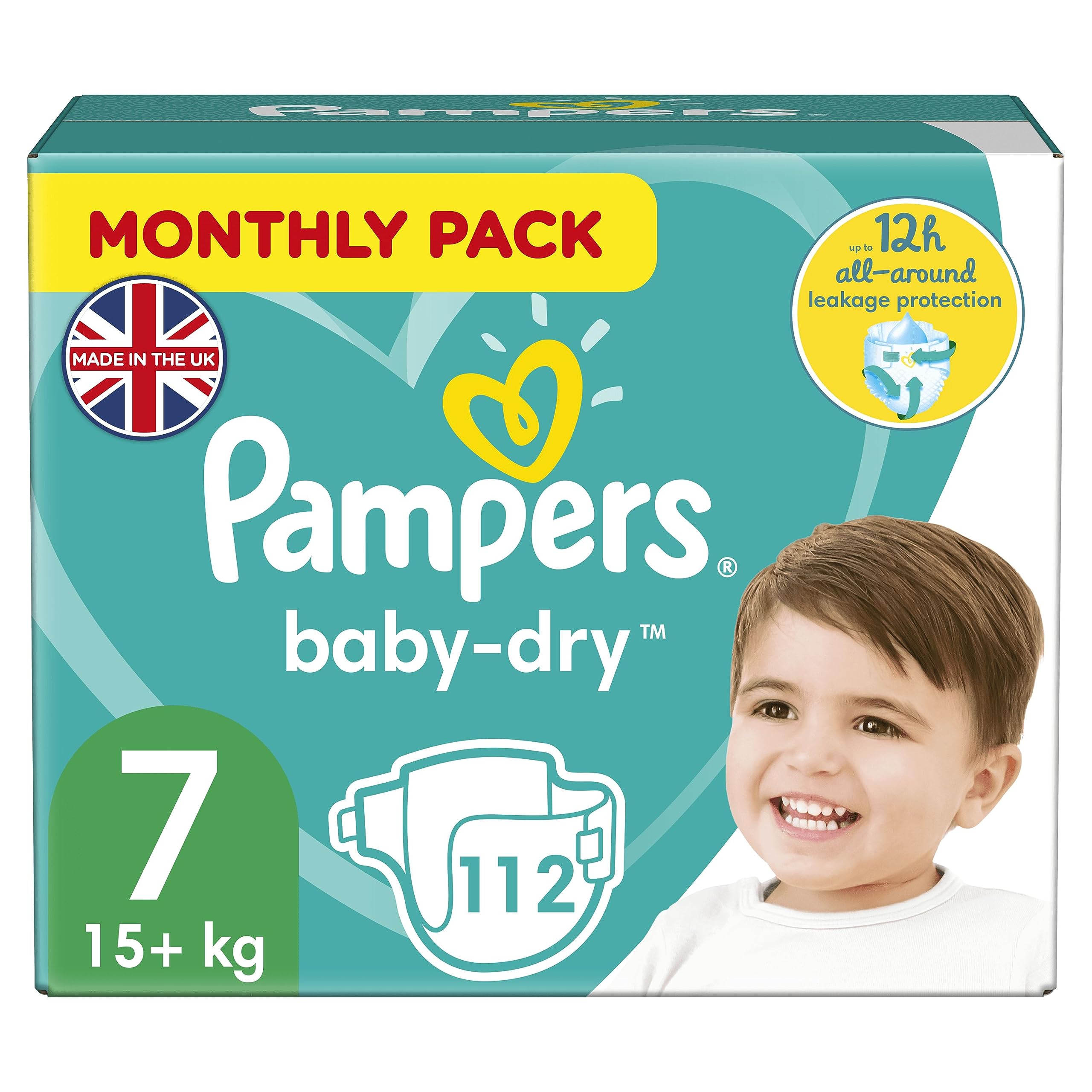 Pampers Baby Nappies Size 7 (15+ kg/33 Lb), Baby-Dry, 112 Nappies, MONTHLY SAVINGS PACK, Up To 12h Of All-Around Leakage Protection