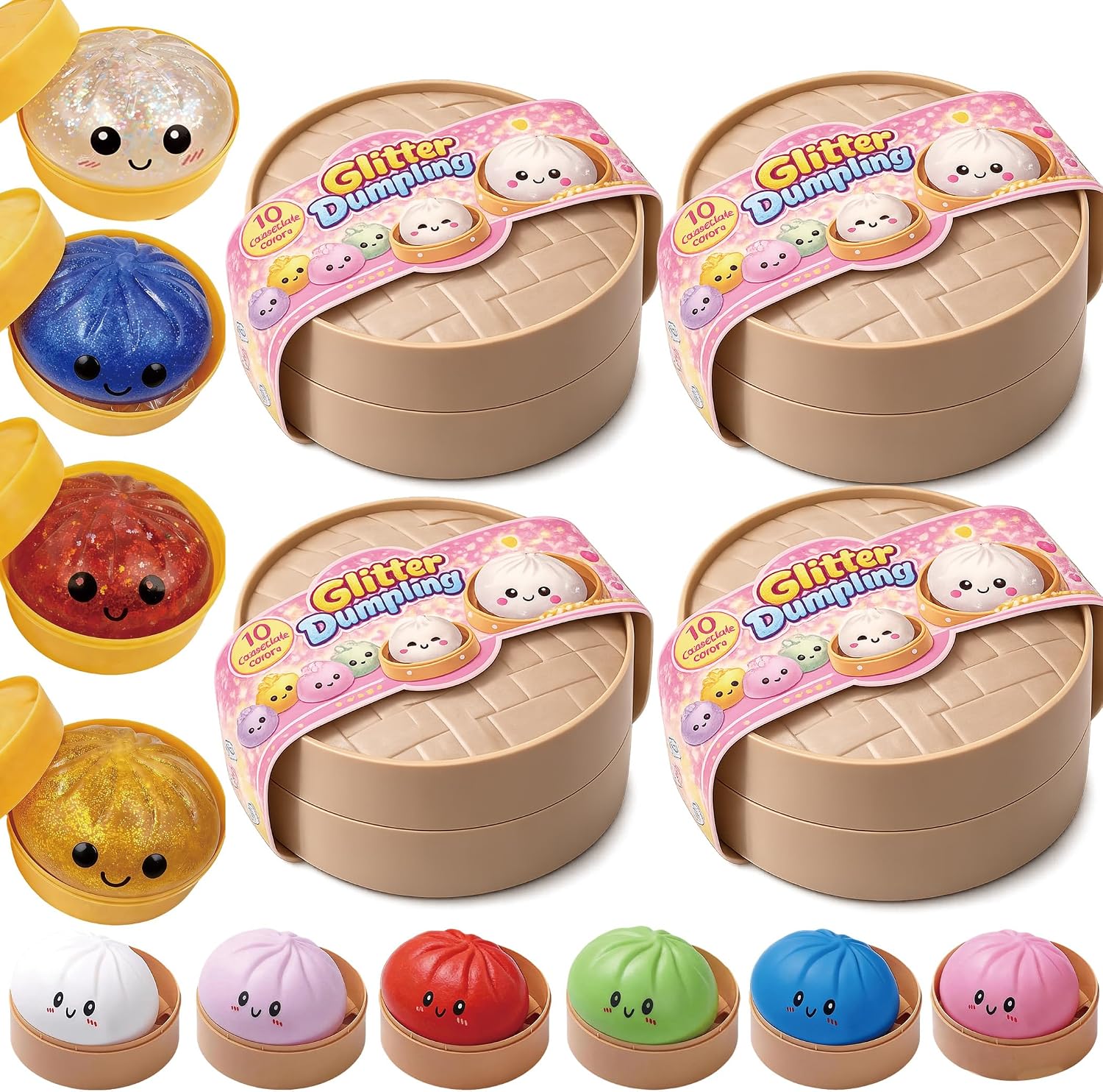 Glitter Dumpling Squishy - Random Glitter Dumpling Box, 10 Colors Dumplings Squishy Toy, More Surprises (Random-4PCS)