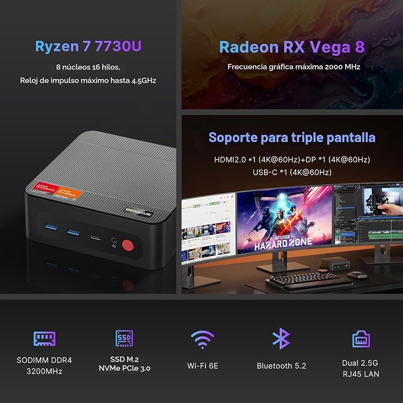 P4ultra Mini PC, Ryzen 7 7730U (hasta 4,5 GHz, 8C/16T) Mini Ordenador, DDR4 16 GB RAM, SSD M.2 PCIe NVMe de 1 TB Mini Escritorio, HDMI/DP/USB-C, Salida Triple 4K, LAN RJ45 *2, WiFi 6E, BT 5.2