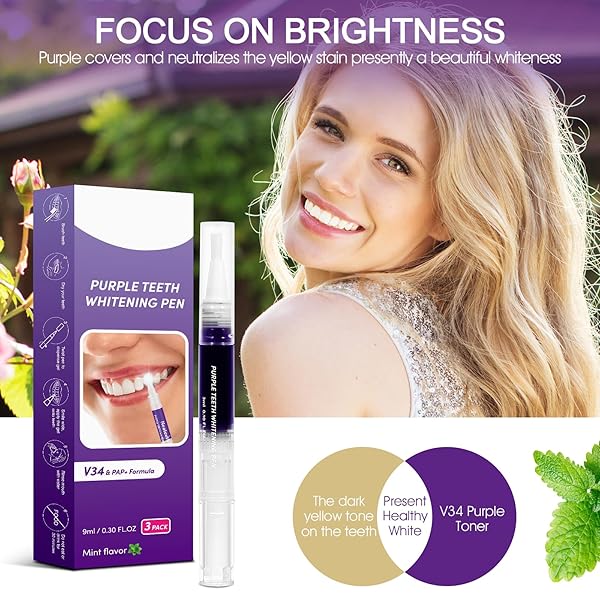 TEETH WHITENING PEN, PURPLE TEETH WHITENING GEL PENS, INSTANT WHITENING PENS FOR TOOTH STAIN REMOVAL, 3 PACKS