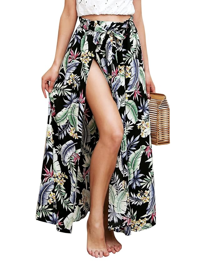 Terryfy Damen Lang Rock Sommer Elegant High Waist Blumen Boho Asymmetrisch Rock Strandrock Maxi Skirt