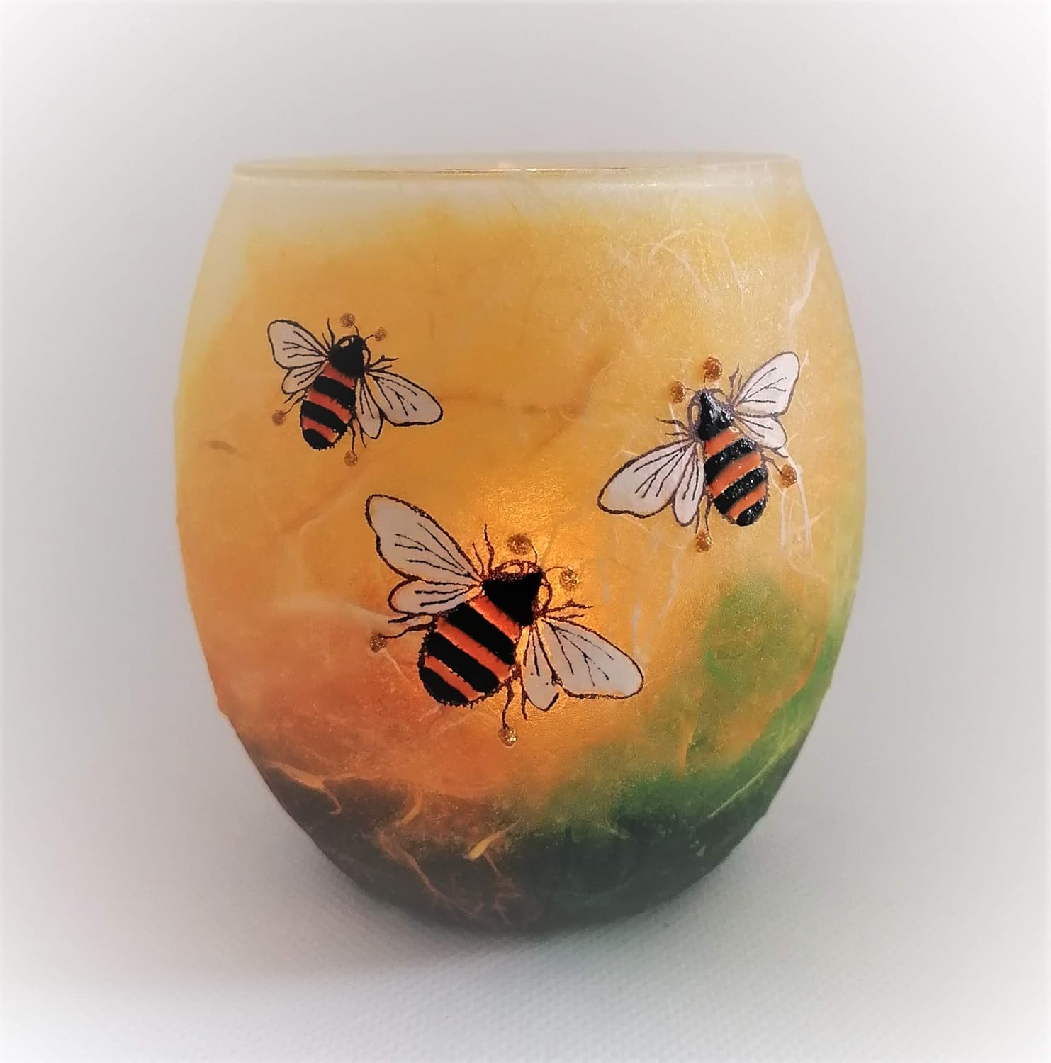 Bee tea light candle holder medium, hand painted on warm spring colours