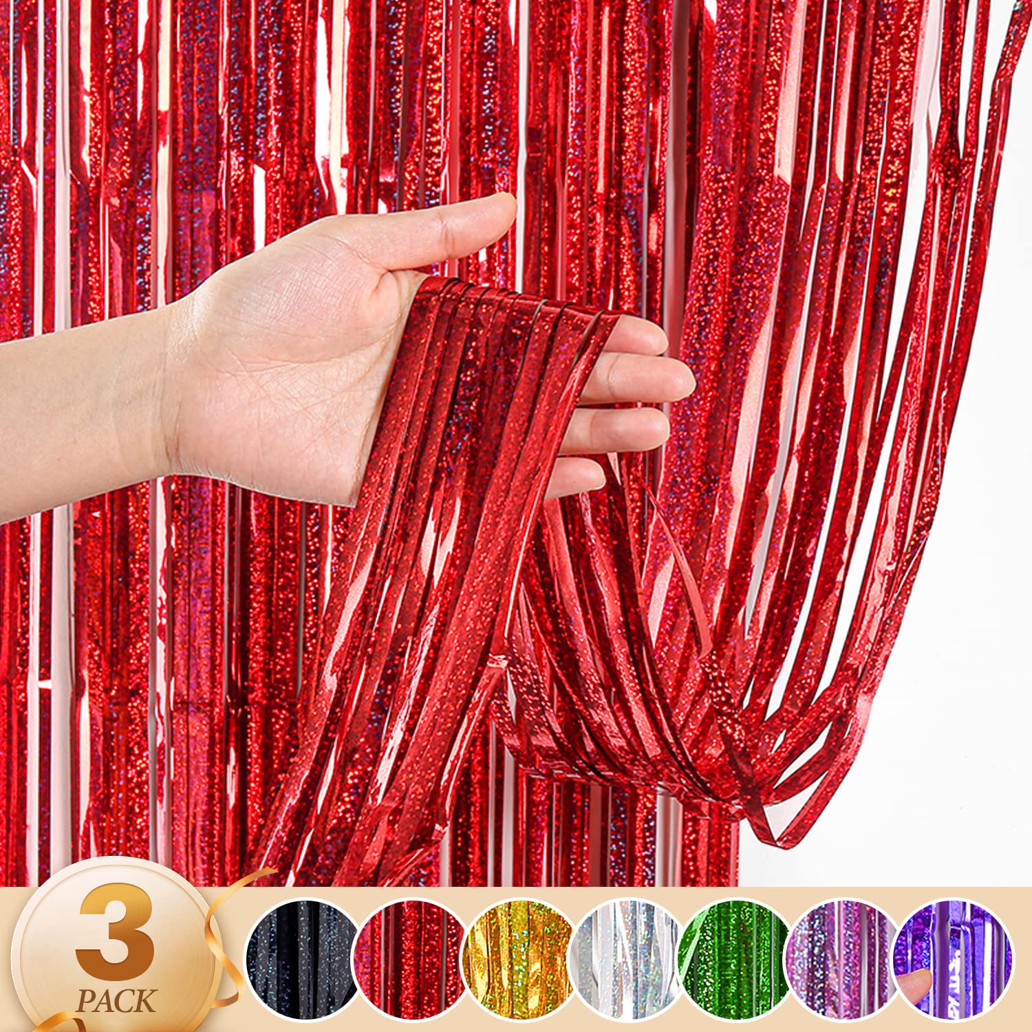 WenYa 3 Pack Red Foil Fringe Curtains Party Decorations, 3.3ft x 6.6ft Glitter Fringe Rain Curtain, Photo Booth Backdrop Tinsel Curtain Streamer for Wedding Christmas New Year Celebration Party