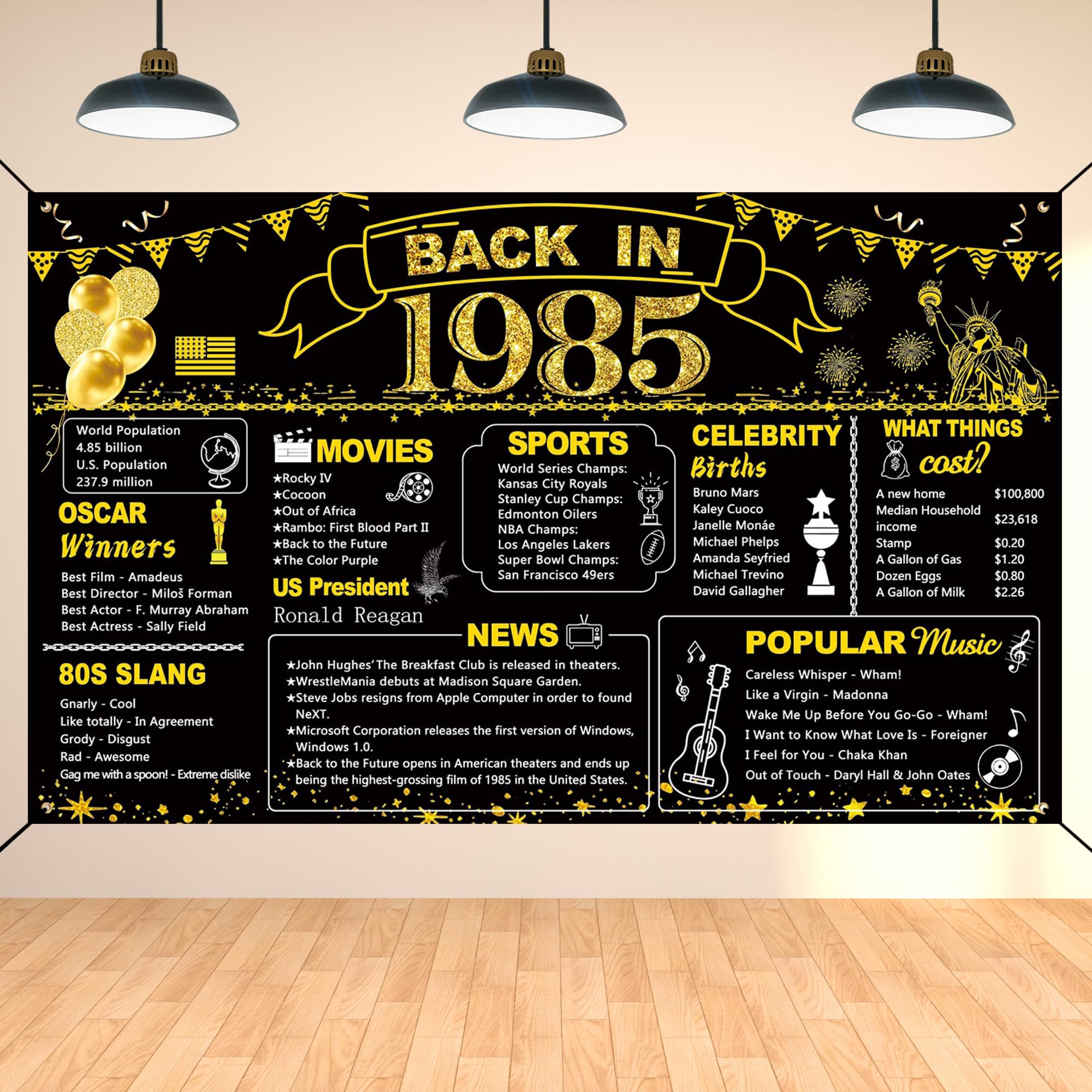 Photo 1 of DARUNAXY 40th Birthday Black Gold Party Decoration, Back in 1985 Banner 40 Year Old Birthday Party Poster Supplies Vintage 1985 Backdrop Photography Background for Men & Women 40th Class Reunion Decor