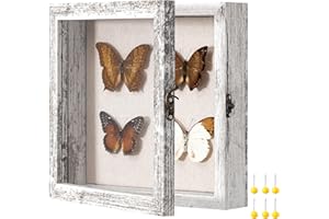 eletecpro 8x8 Shadow Box with Glass Cover and Linen Back, 2.5 Inches Deep Display Case Horizontal & Vertical with Metal Latch for Wedding, Flowers and Gifts, Distressed White