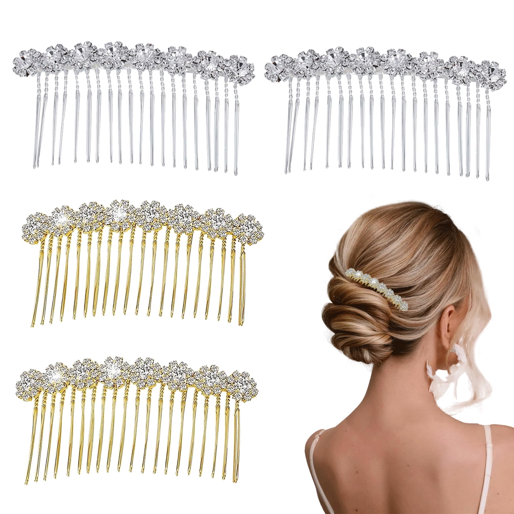 4Pcs Rhinestone Hair Sides Bling Flower Hair Slide Comb Silver and Gold Alloy Hair Slide for Charm Wedding Bridal Jewelry Hair Clips for Women and Girls