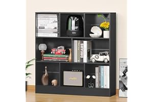 YAHARBO Black Wide Bookshelf,3 Tier Modern Horizontal Bookcase,Wood Low Bookshelves Display Storage Cabinet with Base,Floor Standing 8 Cube Large Bookcases Organizer for Bedroom,Living Room,Office