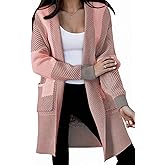 LAJIOJIO Women Knit Long Cardigan Sweaters,Color Block Open Front Long Sleeve Striped Outwear Coats with Pockets