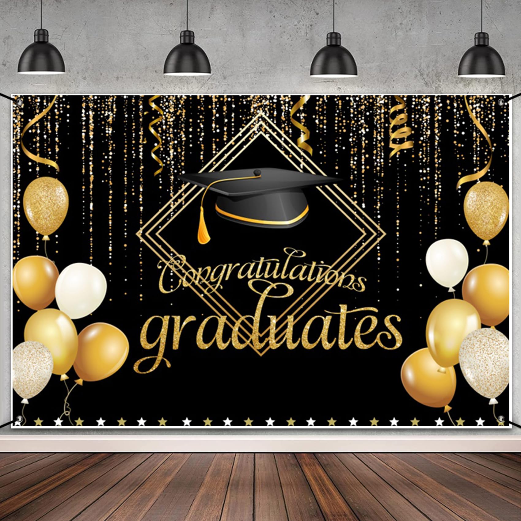 MIRRORANG Polyester 6x3.6ft Black Gold Congratulation Graduates Banner, Graduation Banner, Glitter Balloons Cap Graduation Party Supplies, Congrats Grad Decorations Banner