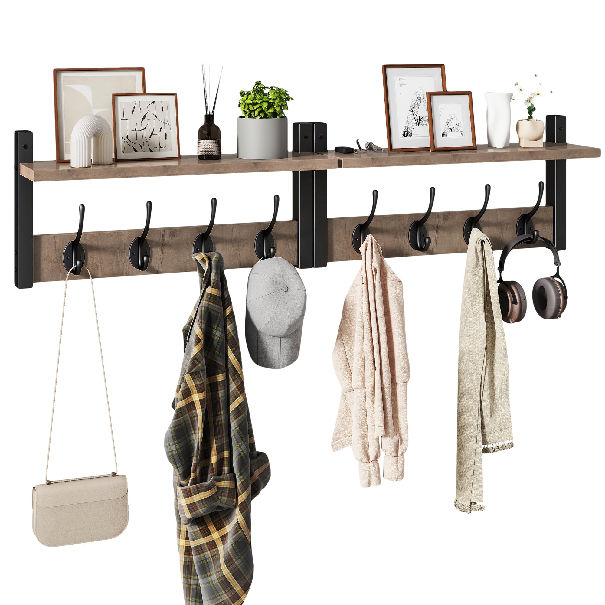 YMYNY Coat Rack Shelf Wall Mounted, Coat Hooks Set of 2, Entryway Coat Hanger with 4 Double Hooks, 80CM Wall Floating Shelf with Hat Rack, for Kitchen, Bedroom, Bathroom, Silver Gray HWS001Y-2