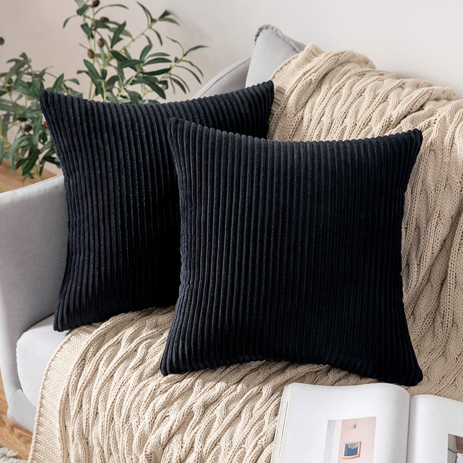 MIULEE Striped Corduroy Fabric Square Throw Pillow Case,Solid Cushion Cover Sham Home for Sofa Chair Couch/Bedroom Decorative Pillowcases 20x20 inch 50x50cm 2 Pieces Black