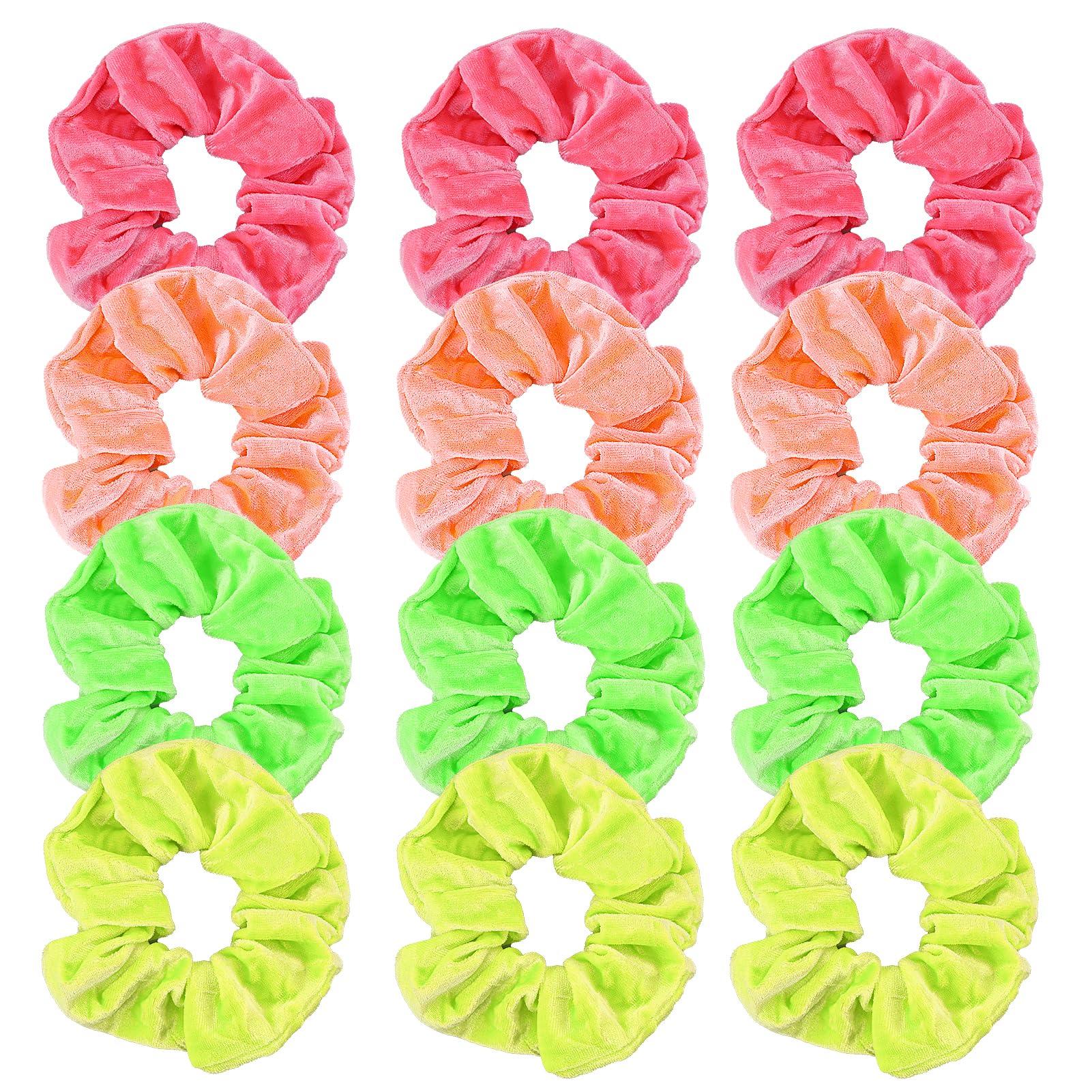 12pcs Neon Scrunchies for Girls 80s, 4 Colors Premium Flannel Scrunchy for Hair, Cute Solid Colors Strong Elastic Bands, Soft Ropes Ponytail Holder 80s Hair Accessories, Kids Scrunchies for Girls