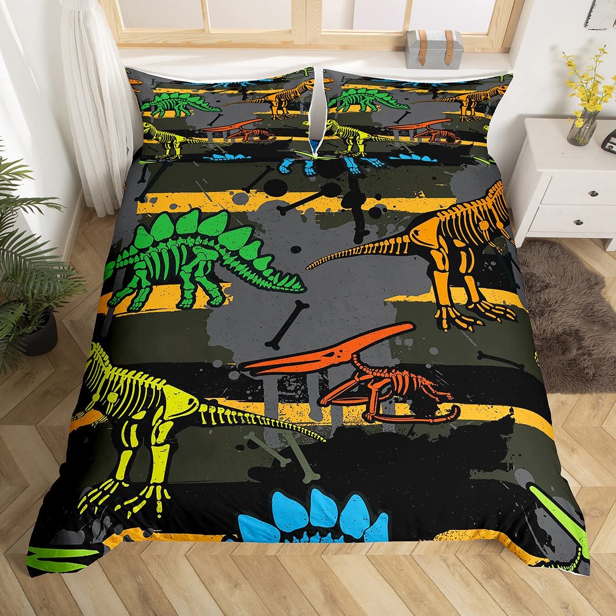 Homemissing Dinosaur Fossil Bedding Set Dino Skull Comforter Cover for Kids Boys Girls Teens Jungle Animal Wildlife Stripe Duvet Cover Breathable Bedspread Cover Quilt Cover Single Size