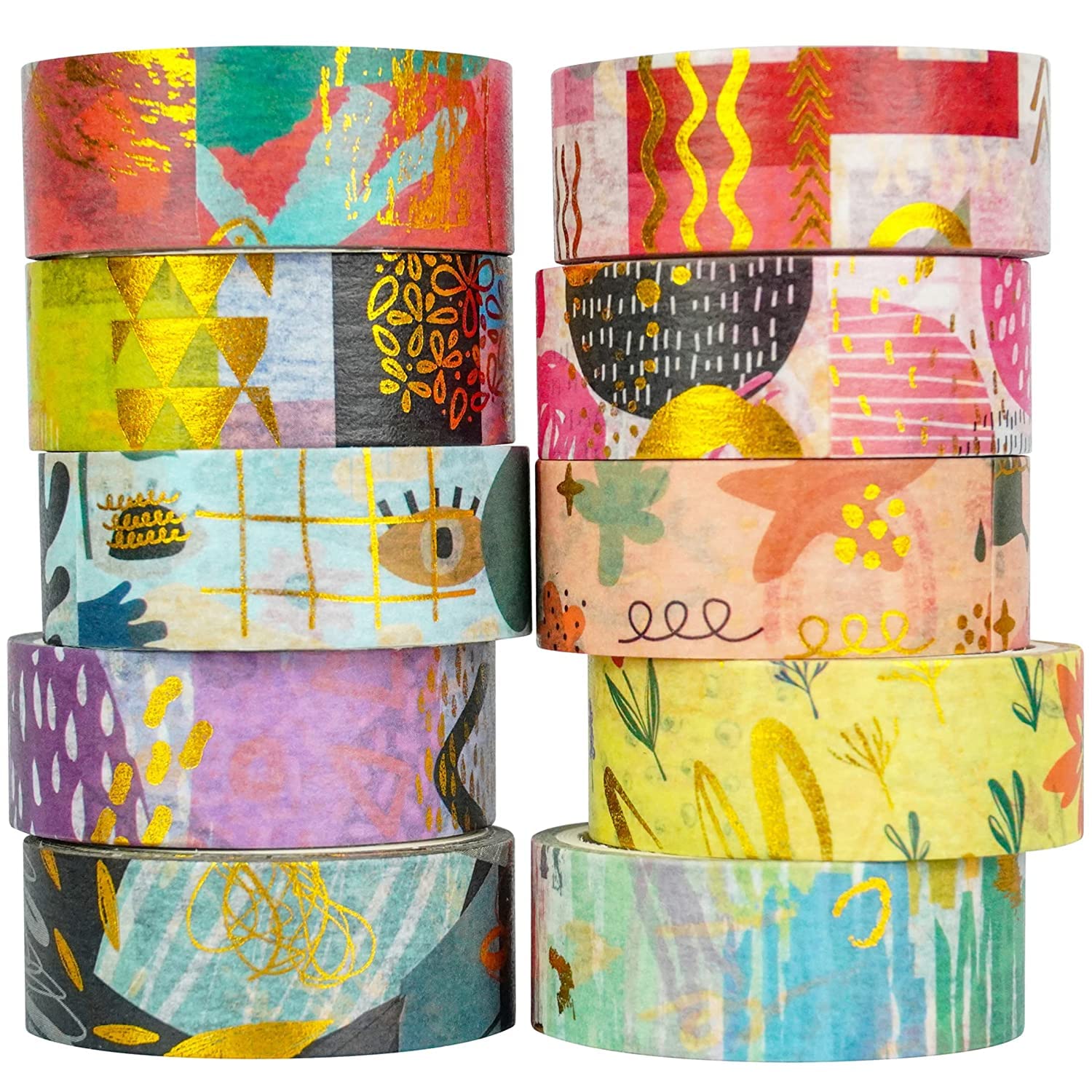 10 Rolls Geometric Washi Tape Set Gold Foil Masking Modern Arts Decorative Tapes for Arts, DIY Crafts, Journals, Planners, Scrapbook, Wrapping