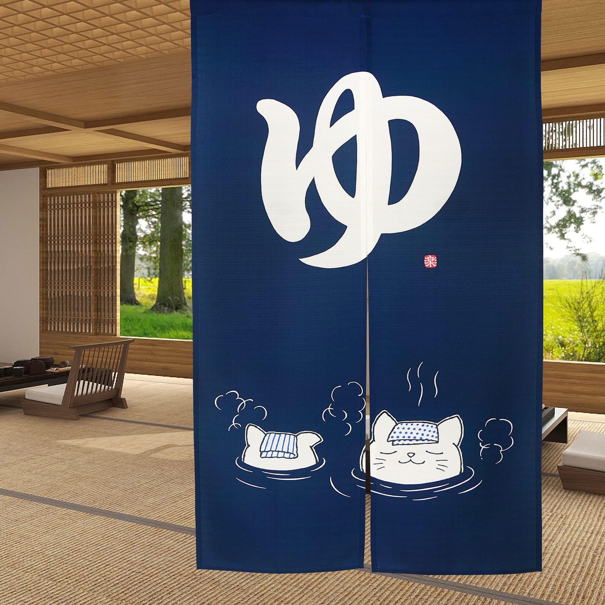 Photo 1 of LIGICKY Noren Japanese Style Doorway Curtain Two Cats Bathing in Hot Spring Printed Door Tapestry Room Divider Curtains, 33.5" Width x 59" Long Navy Blue