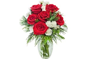 KaBloom Holiday Collection: Winter's Rose Bouquet of Red Roses, White Mini Carnations Accented with Seasonal Greens with Vase