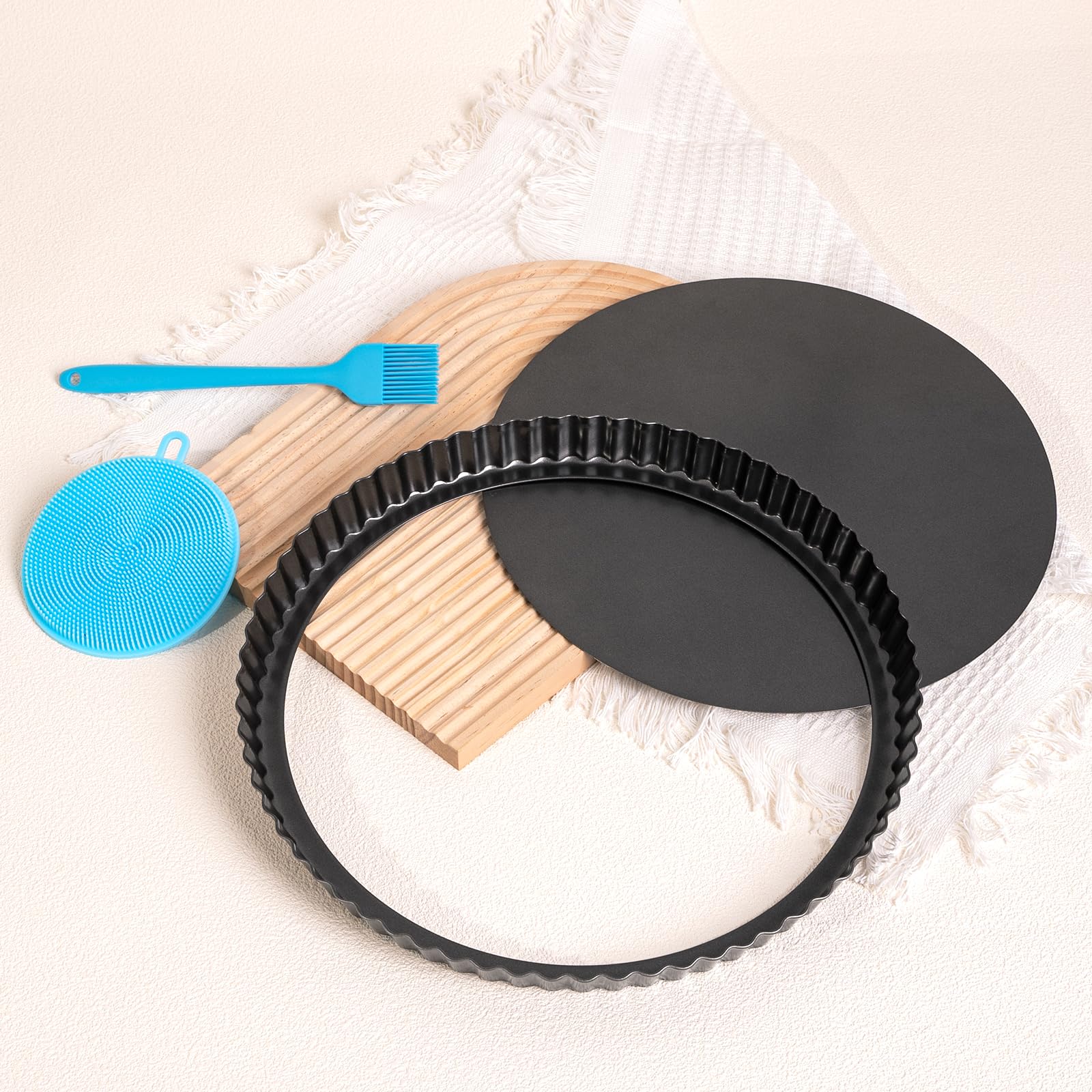 Highkit Loose Bottom Fluted Flan Tin 32cm / 12.6inch, Quiche Tins with Loose Base, Round Tart Tin, Non-Stick, Tart Pan for Baking, Pie Dish, Pie Pan, Quiche Dish,Carbon Steel,Dark Grey