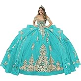 Mouccy Sparkly Gold Appliques Quinceanera Dresses with Tassels Lace Off Shoulder Sweet 16 Dress with Bow Beaded Ball Gown