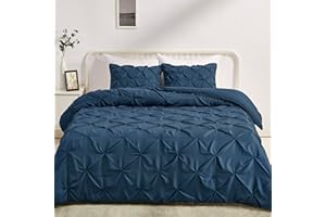 Amazon Basics Soft, Lightweight King Size Comforter Sets, All-Season Down-Alternative 3-Piece Bedding Set, Pinch Pleat Design, Navy Blue