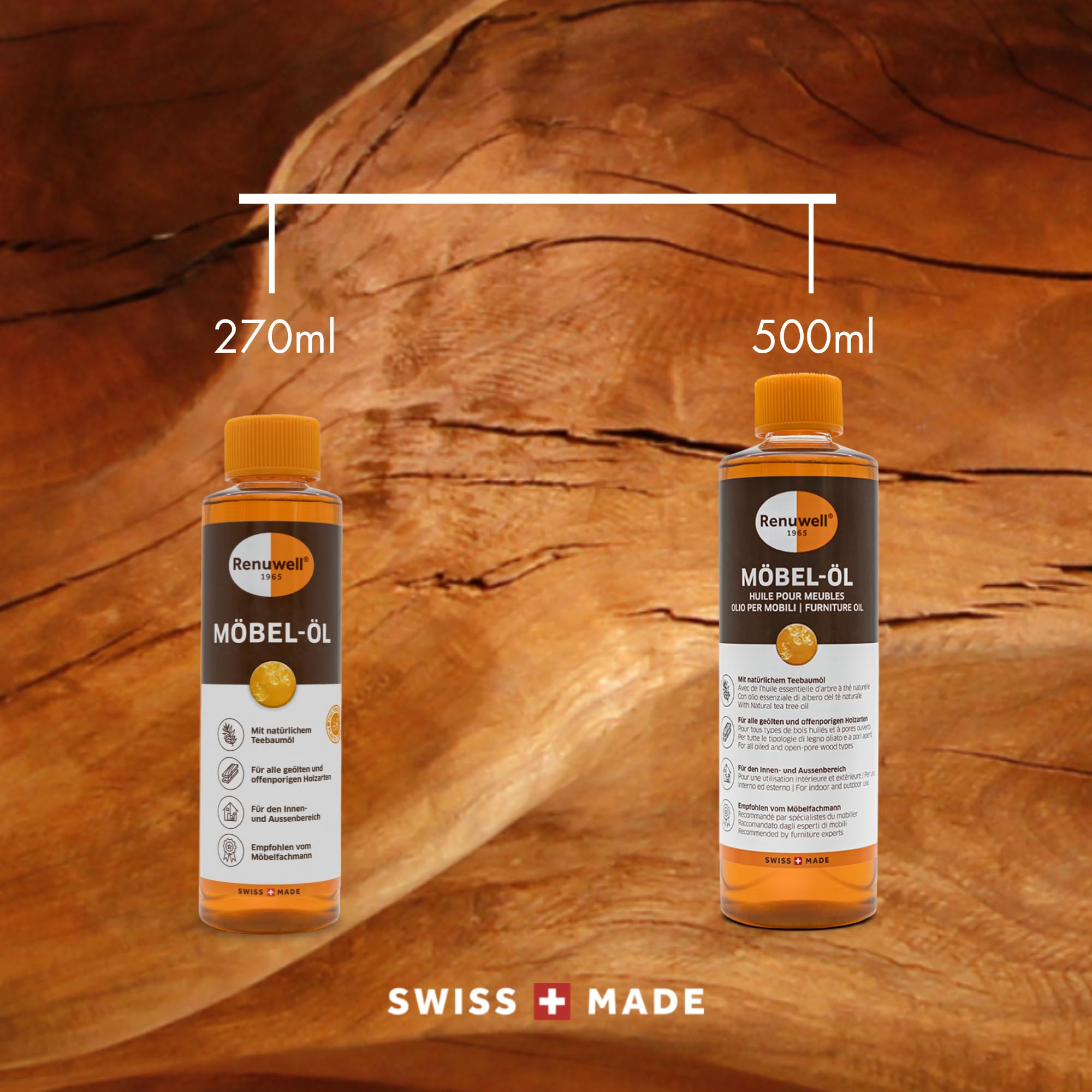 Renuwell Möbel-Öl Leinöl-Firnis, 270 ml – Natürliches Pflegeöl für Holz mit Leinöl und Teebaumöl, Schutz für geölte und unbehandelte Holzoberflächen in Schweizer Qualität 5
