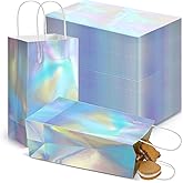 60 Pcs Iridescent Gift Bags Bulk Holographic Party Favor Bag with Handle 8.3 x 5 x 3.2 in Glossy Paper Candy Goodie Flower Handbag for Kpop Disco Wedding Bridal Birthday Graduation Party Supplies
