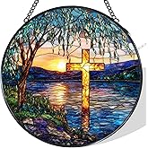 WUHSDIBC Cross Willow Tree Stained Glass Window Hanging Suncatcher, Christian Willow Sunset Sun Catcher Indoor Window Decor, Religious Painted Glass Round Wall Hanging Decorations, 7.8x7.8 in