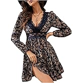 MakeMeChic Women's Floral Mini Dress Lace Deep V Neck Long Sleeve A Line Flare Party Short Dresses