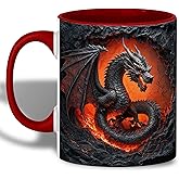 Dragon Coffee Mug, Red Handle and Interior, Fiery in Lava Cracked Design, 11oz Ceramic Cup for Fantasy Enthusiasts, Unique Gift for Men, Office, Home, Birthday, Christmas