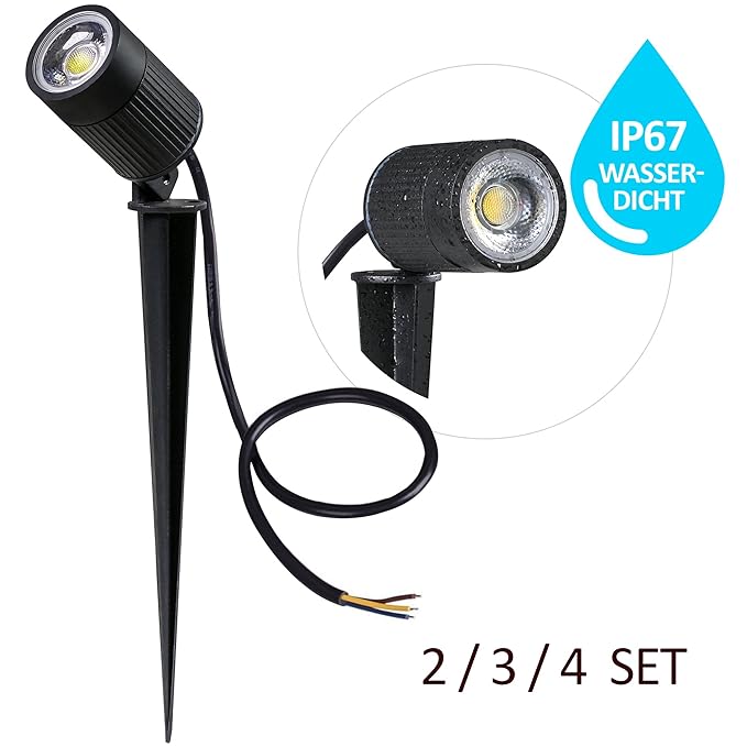 Profi 7W Gartenlampen 4er Set Strom – Gartenlampe Erdspieß Metall (kein Plastik!), LED Gartenleuchten warmweiß (2800K) Garten