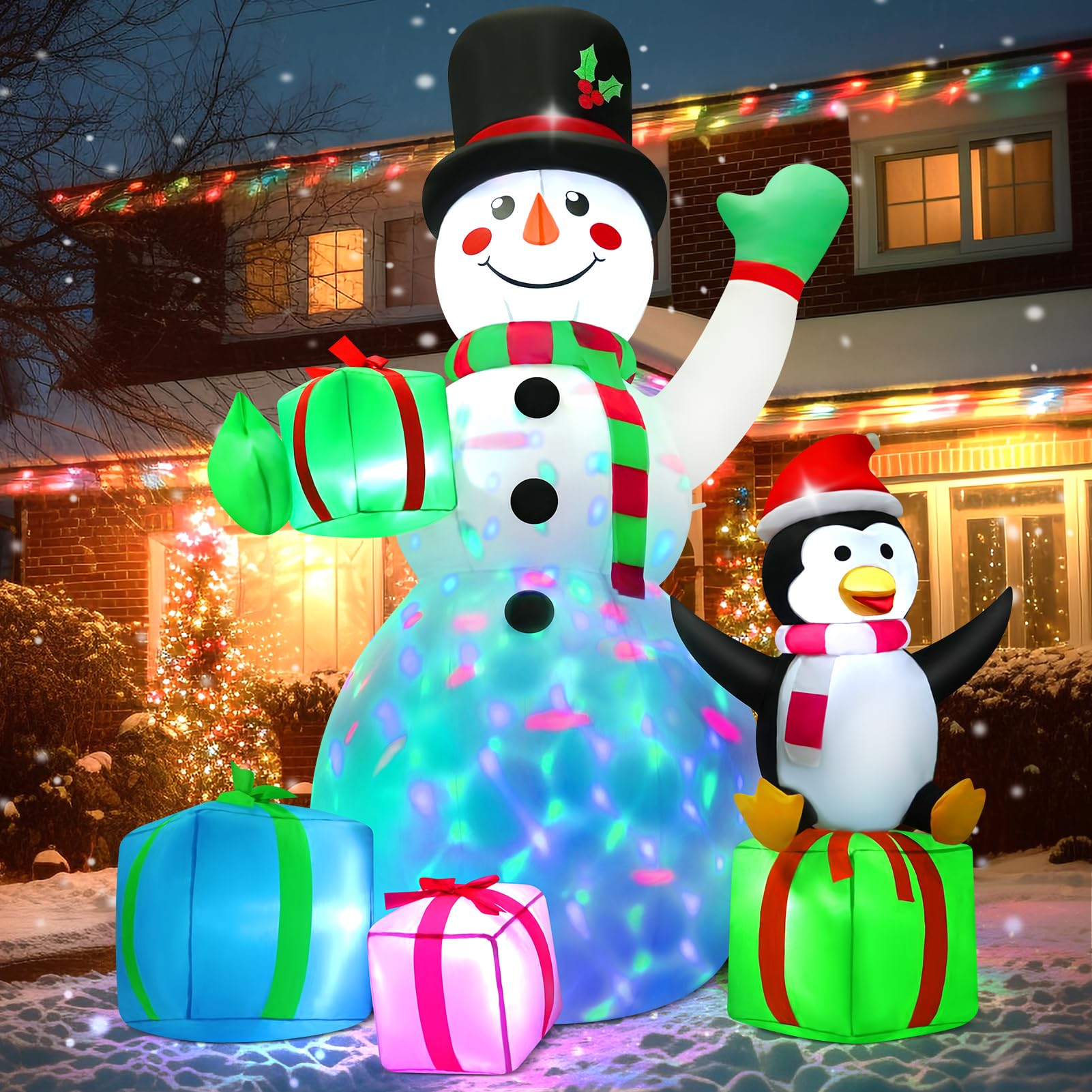 Photo 1 of 6 FT Christmas Inflatable Snowman Outdoor Decoration with Build-in Multicolor LEDs, Snowman with 4 Gifts Blow Up Inflatables Christmas for Yard Garden Lawn Xmas Holiday Decor