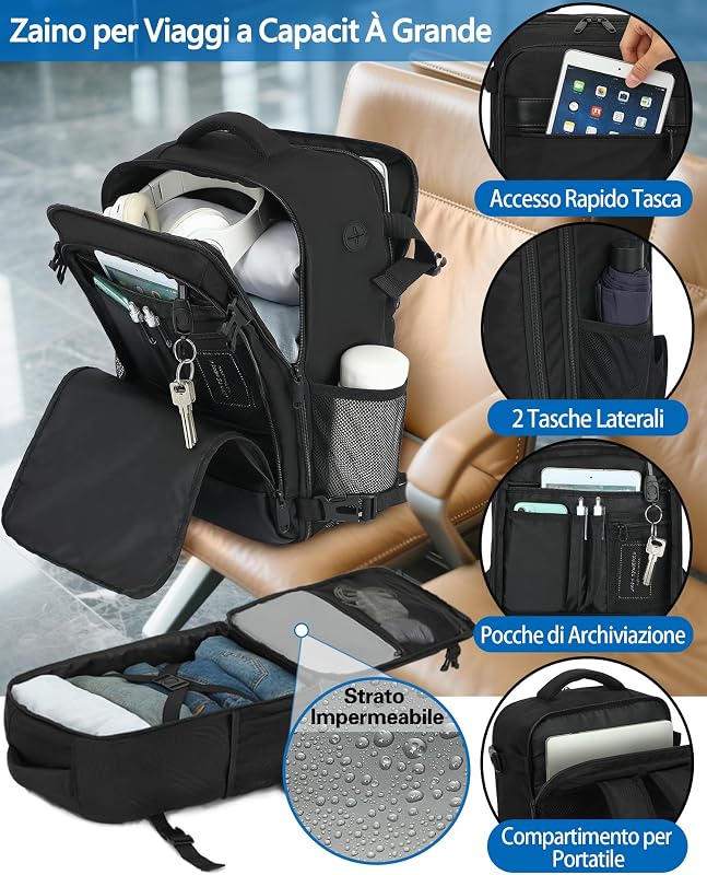 Zaino Ryanair 40x30x20 Bagaglio a Mano Cabina Aereo Under Seat Approvato per EasyJet Wizz Air Eurowings Zaino da Viaggio 24L Porta Computer 15,6 Pollici Nero