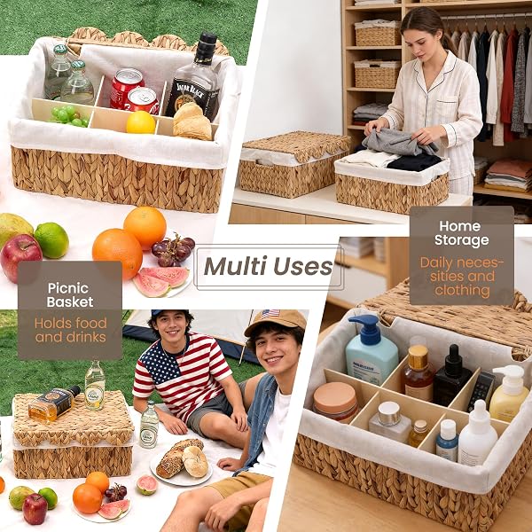 WICKER BASKET WITH LID, HANDWOVEN WICKER TOY BOX WITH SCALLOPED EDGES, RECTANGULAR STORAGE BIN FOR PICNIC & SHELVES W/HANDLES, WATER HYACINTH BASKET WITH LINER & DIVIDER – 15.2L X 11.2W X 7.4H IN