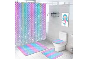 Alishomtll 4 Pcs Mermaid Rainbow Kids Shower Curtain Sets with Rugs, Pink Bling Glitter Girls Bathroom Set with Shower Curtain and Rugs, Ocean Themed Bathroom Sets Decor for Women