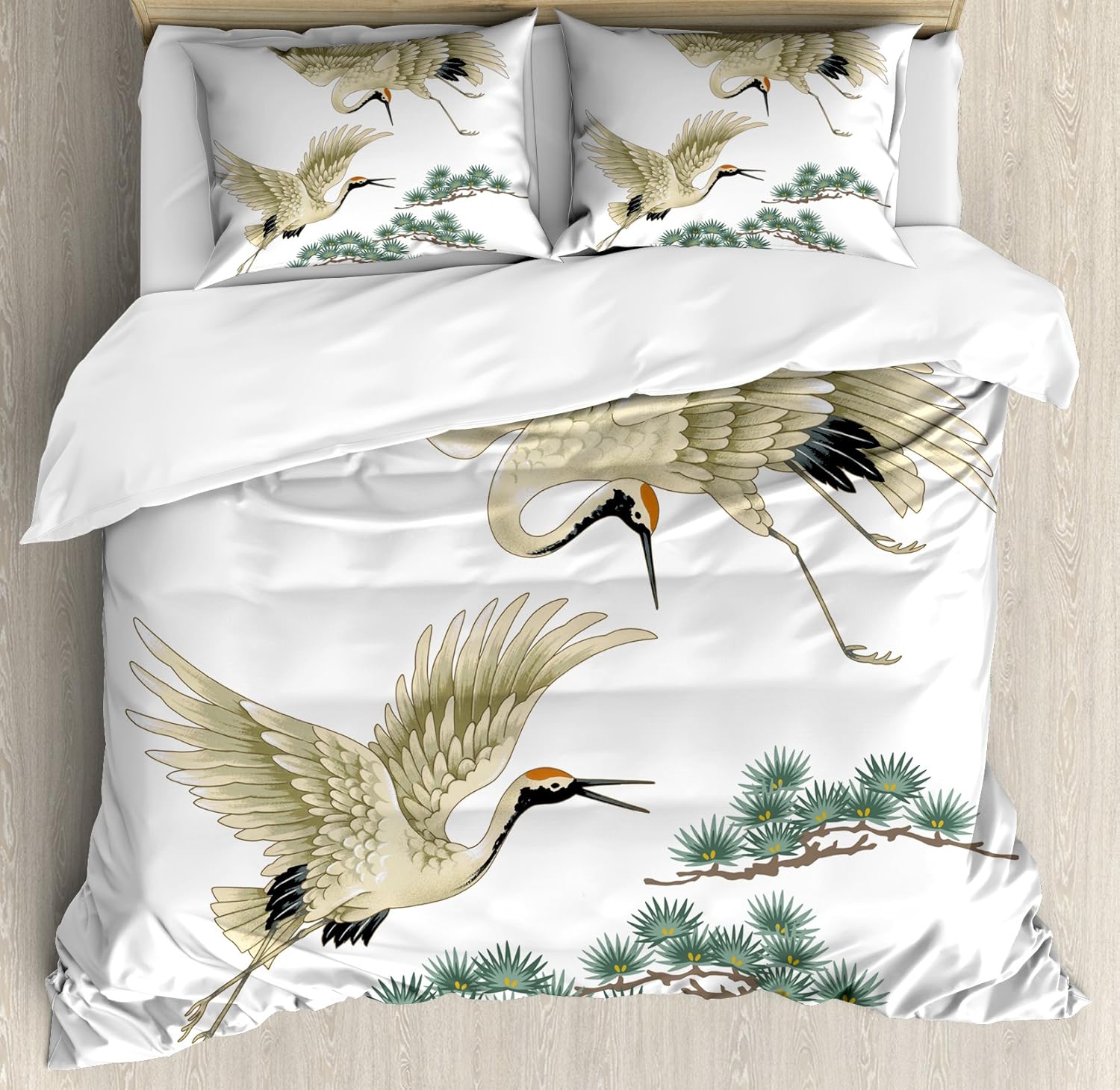 Lunarable Bird Duvet Cover Set, 2 Japanese Cranes Flying