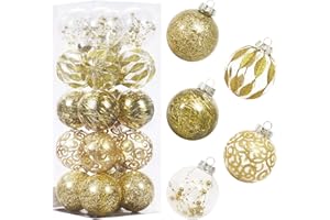 SY SUPER BANG 80MM/3.14" Clear Christmas Ornaments Set, 20PCS Shatterproof Decorative Hanging Ball Ornament with Stuffed Delicate Decorations, Xmas Tree Balls for Halloween Holiday Party- Gold.